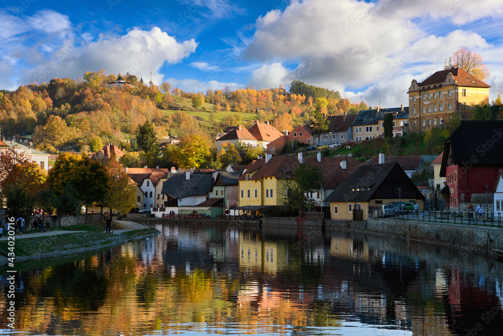 The panoramic views of Cesky Krumlov, Czech Republic, on an autumn afternoon, the old town in europe and the world heritage site is famous and popular with tourists.