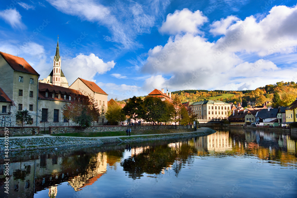 The panoramic views of Cesky Krumlov, Czech Republic, on an autumn afternoon, the old town in europe and the world heritage site is famous and popular with tourists.