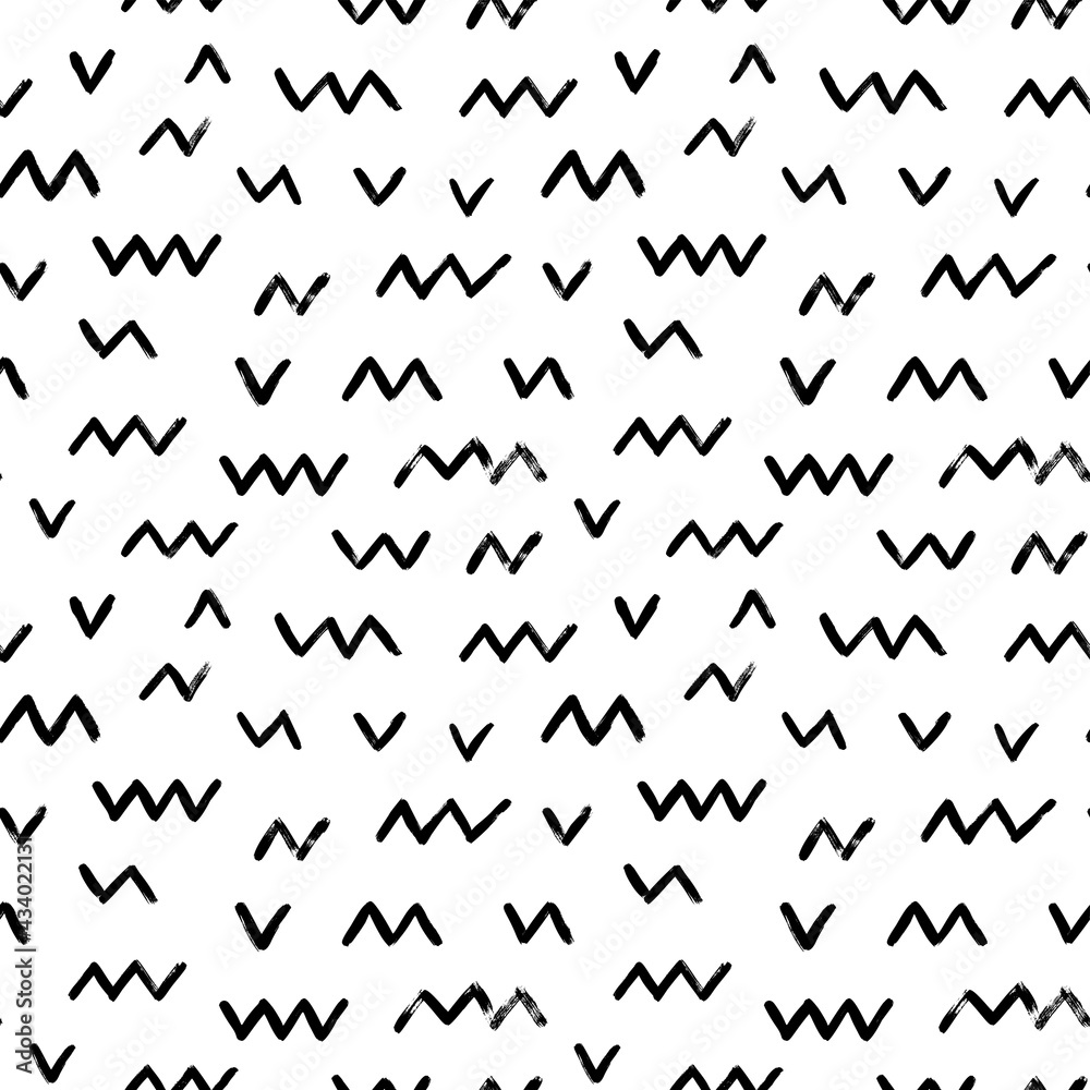 Seamless zig zag vector pattern. Abstract monochrome geometric brush strokes. Black and white hand painted ink illustration. Freehand horizontal zigzag stripes print. Simple classic geometric ornament