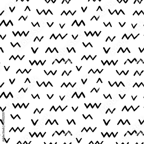 Seamless zig zag vector pattern. Abstract monochrome geometric brush strokes. Black and white hand painted ink illustration. Freehand horizontal zigzag stripes print. Simple classic geometric ornament