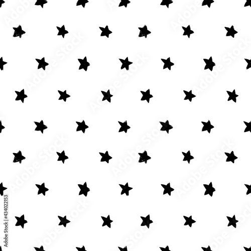 Modern geometric star seamless pattern. Hand drawn vector black ink illustration. Black and white grunge backdrop. Monochrome textured star wallpaper. Abstract geometric shape texture. © Анастасия Гевко