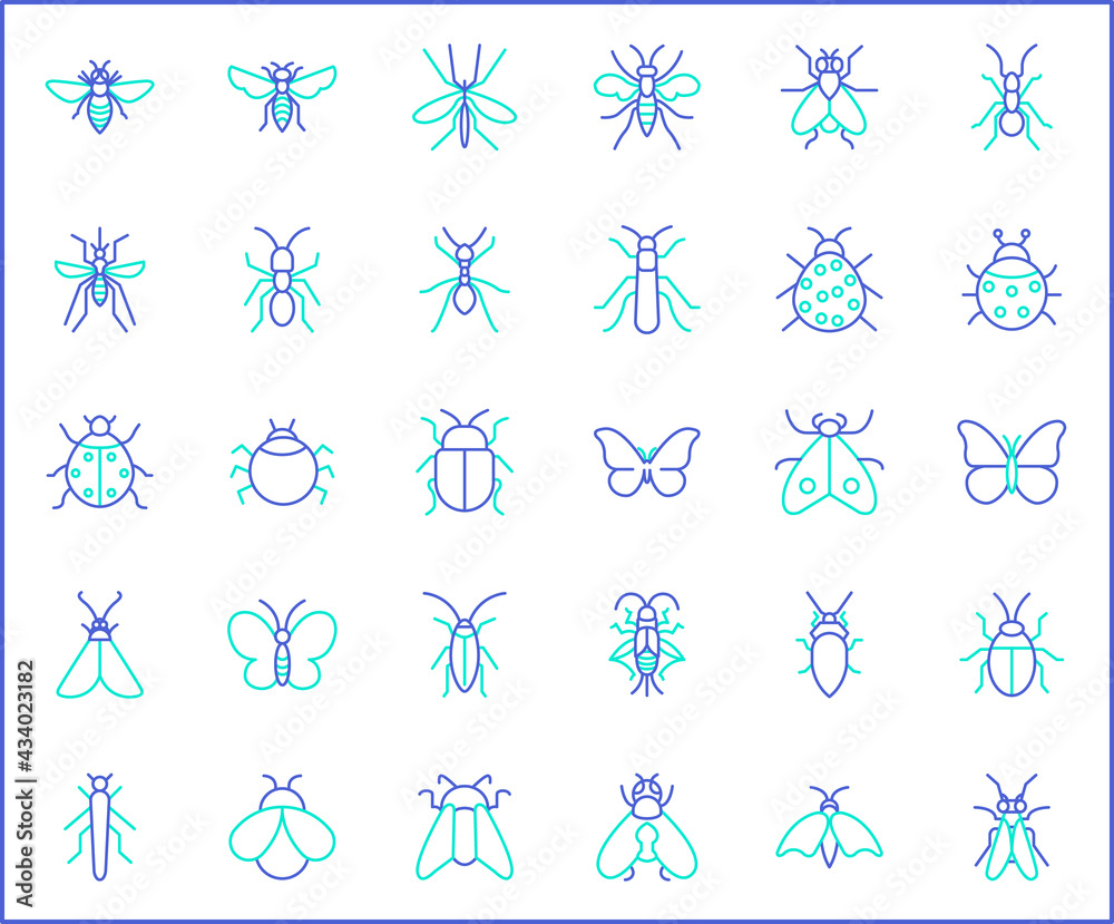 Set of insect and bug Icon line style. Contains such Icons as mosquito, mantis, moth, ant, bug stick, ladybug, mite, natural And Other Elements. customize color, easy resize.