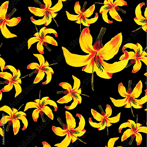 Golden Seamless Palm. Black Pattern Hibiscus. Yellow Tropical Design. Beige Flower Background. Floral Design. Wallpaper Nature. Flora Textile. Spring Vintage.