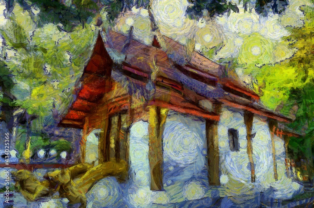 Fototapeta premium Ancient temples, art and architecture in the northern Thai style Illustrations creates an impressionist style of painting.