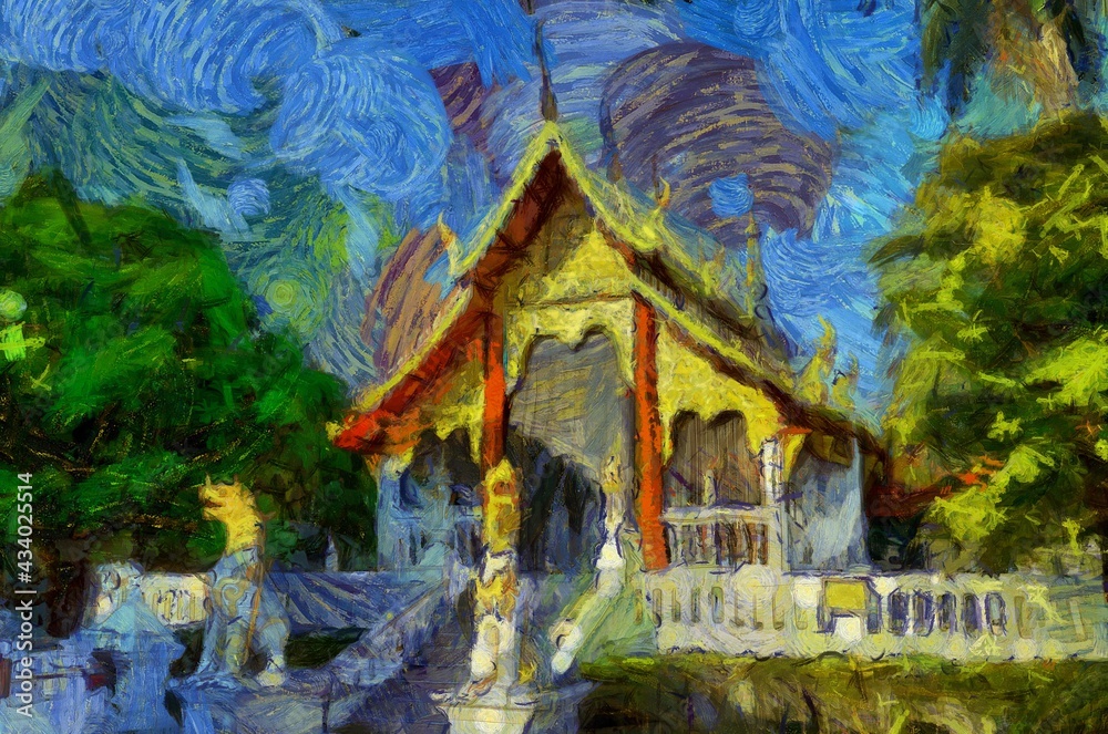 Obraz premium Ancient temples, art and architecture in the northern Thai style Illustrations creates an impressionist style of painting.