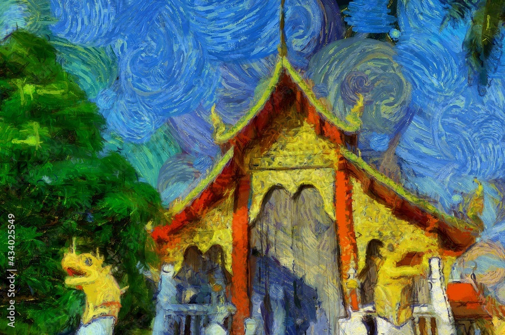 Ancient temples, art and architecture in the northern Thai style Illustrations creates an impressionist style of painting.