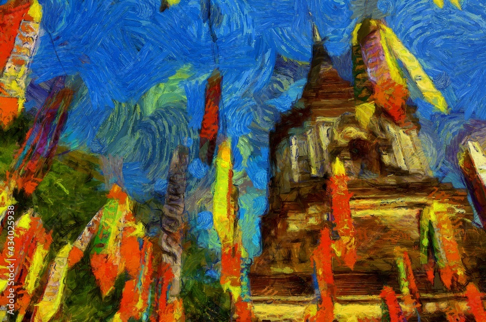 Ancient pagoda Illustrations creates an impressionist style of painting.