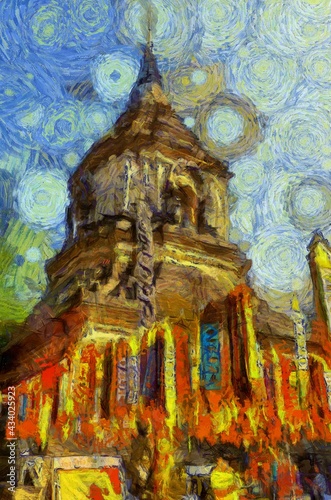 Ancient pagoda Illustrations creates an impressionist style of painting. © Kittipong