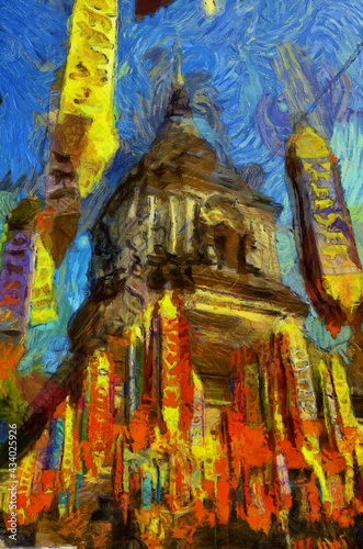 Ancient pagoda Illustrations creates an impressionist style of painting. © Kittipong