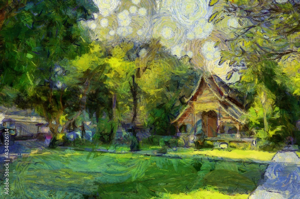 Ancient temples, art and architecture in the northern Thai style Illustrations creates an impressionist style of painting. Ancient temples, art and architecture in the northern Thai style Illustrations creates an impressionist style of painting.