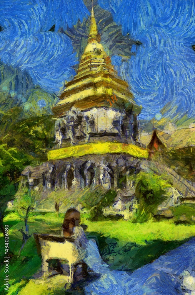 Ancient pagoda Illustrations creates an impressionist style of painting.