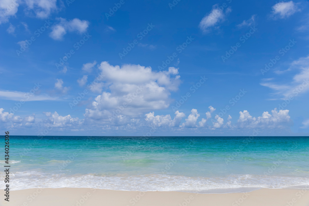 Beautiful tropical beach with blue sky abstract texture background. Copy space of summer vacation and holiday business travel concept. Phuket, Thailand. Paradise beach and freedom beach.