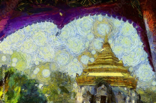 Ancient pagoda Illustrations creates an impressionist style of painting.