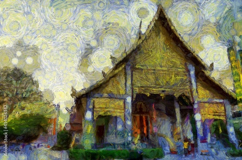 Ancient temples  art and architecture in the northern Thai style Illustrations creates an impressionist style of painting.