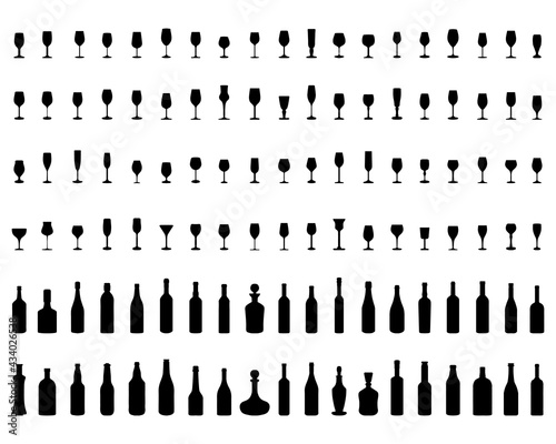 Black silhouettes of bottles and glasses, on a white background
