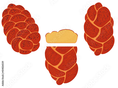 Set of challah is the national Jewish food. White bread. Vector illustration isolated on white background.