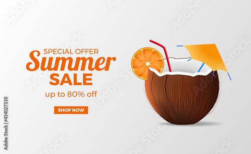 Summer banner sale offer promotion with realistic coconut drink water fruit