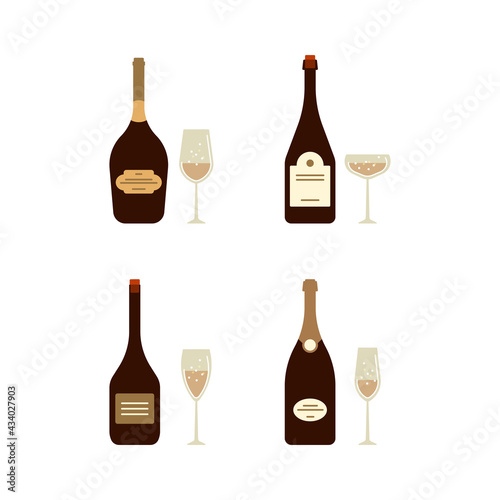 Set of champagne bottles with glasses. Vector flat style isolated on white background.