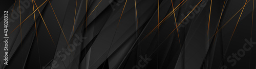 Black glossy stripes and golden lines abstract tech background. Geometric vector banner design