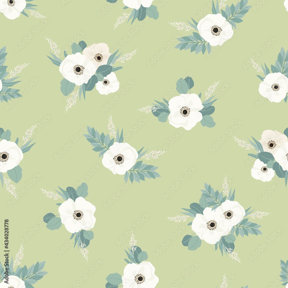 Seamless pattern. Set of bouquets of beautiful spring flowers. White flowers, leaves and branches. Flat isolated vector illustration.