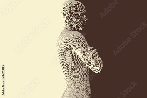 Puzzled man crossing his arms over his chest. Correct choice between failure or success. Difficult decision and doubt concept.  Management or leadership. Voxel art. 3D vector illustration. photo