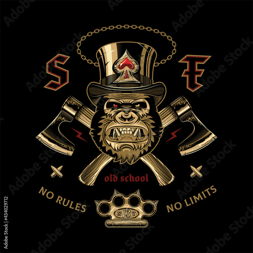 Vector emblem or banner with a gorilla in a top hat, two axes, brass knuckles and an inscription No rules, no limits. Suitable for clothing, t-shirt design. 