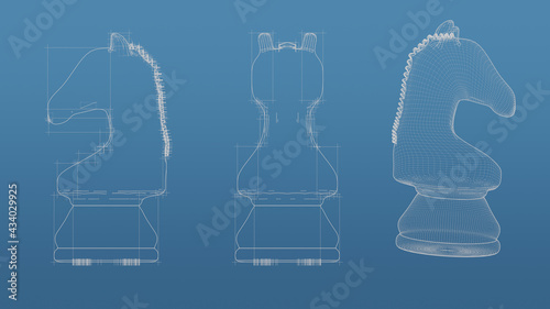 Chess 3d blueprint mesh model  on a blue background. Front view orthographic  and perspective free style render  3d rendering