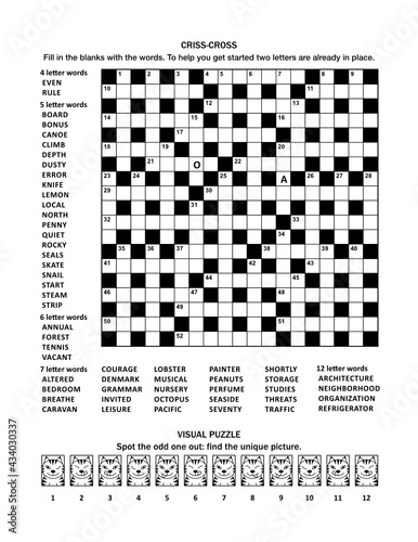 Puzzle page with 19x19 criss-cross (fill-in) crossword word game (English language) and visual puzzle with cats: Spot the odd one out: find the unique picture.
