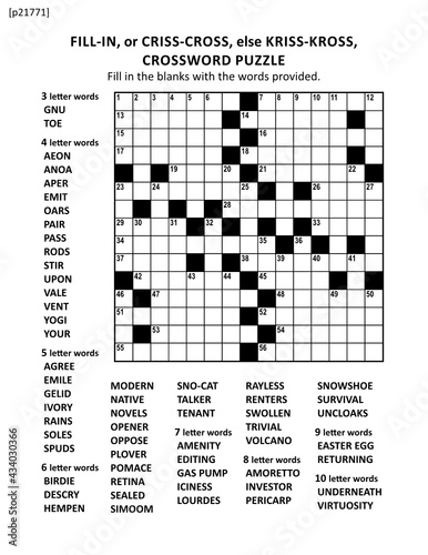 Large print criss-coss (or fill-in, else kriss-kross) crossword puzzle game of 15x15 american style grid. Non-themed, general knowledge family friendly content.
