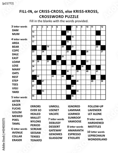 Large print criss-coss (or fill-in, else kriss-kross) crossword puzzle game of 15x15 american style grid. Non-themed, general knowledge family friendly content.
