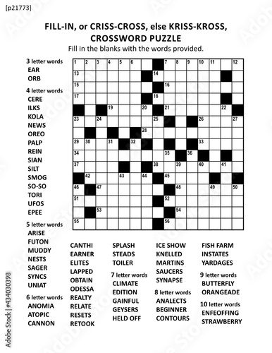Large print criss-coss (or fill-in, else kriss-kross) crossword puzzle game of 15x15 american style grid. Non-themed, general knowledge family friendly content.
