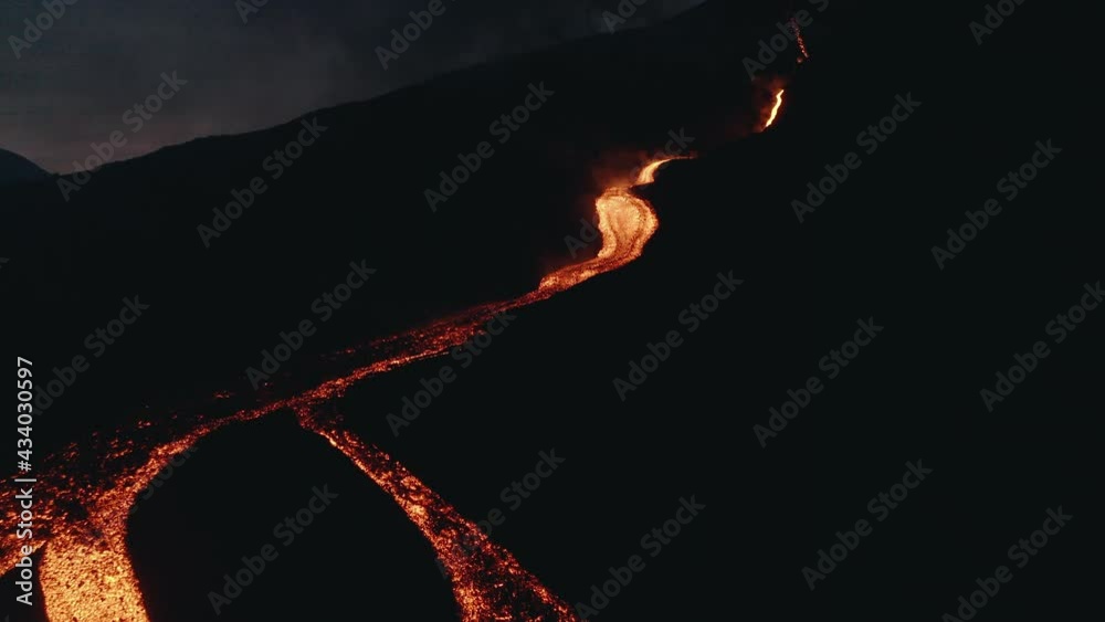 Drone aerial shot of lava flows from volcanic eruption at Pacaya volcano in Guatemala during night-time