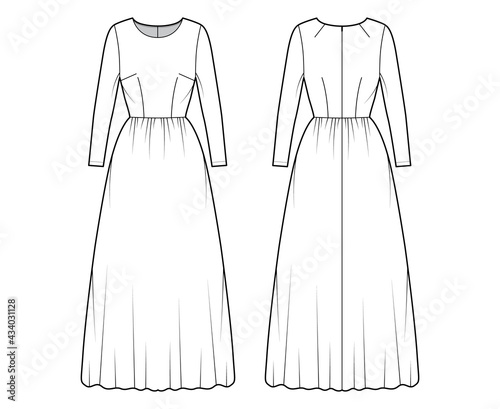 Dress long technical fashion illustration with long sleeve, fitted body, floor length full skirt. Flat apparel front, back, white color style. Women, men unisex CAD mockup