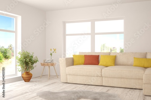 White living room with sofa. Scandinavian interior design. 3D illustration