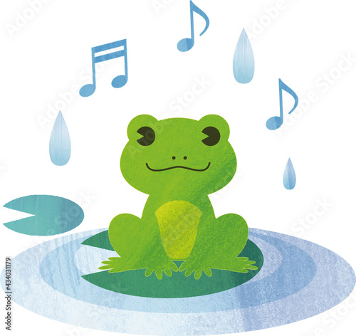 梅雨　夏　カエルの合唱　蛙　歌　水彩　イラスト素材