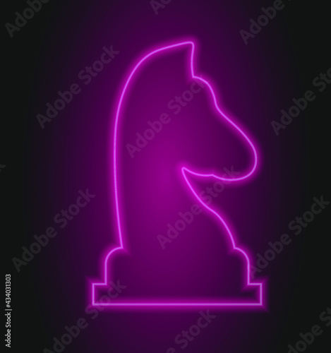 Neon chessmen knight icon. Glowing neon horse sign, outline chess piece, silhouette in vivid colors. Online chess game, strategy tactics on chessboard, checkmate. Vector icon set, sign, pictogram