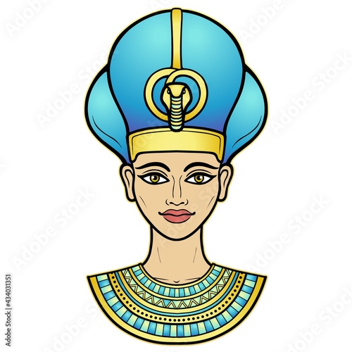 Animation color portrait of beautiful Egyptian woman in the military crown. Queen or princess Goddess. Vector illustration isolated on a white background. Print, poster, t-shirt, tattoo.