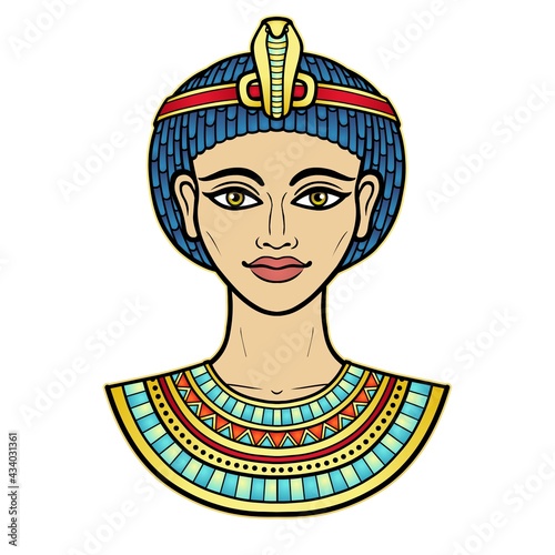 Animation color portrait of beautiful Egyptian woman in ancient hairstyle. Queen or princess Goddess. Vector illustration isolated on a white background. Print, poster, t-shirt, tattoo.