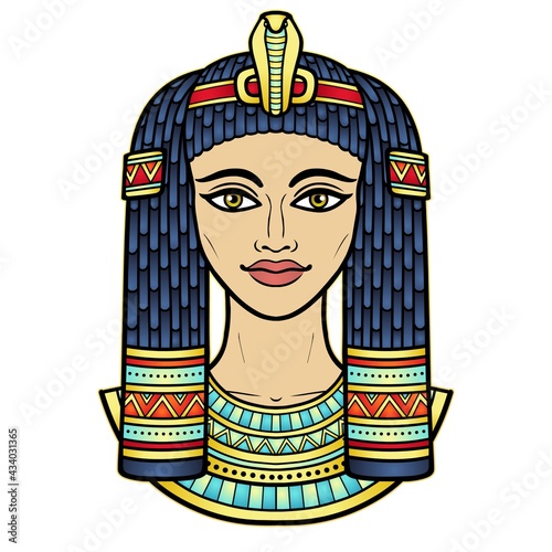 Animation color portrait of beautiful Egyptian woman in ancient hairstyle. Queen or princess Goddess. Vector illustration isolated on a white background. Print, poster, t-shirt, tattoo.