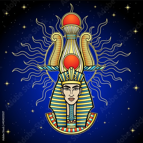 Animation color portrait Egyptian pharaoh man in glow of the sun. Background - night star sky. Vector illustration. Print, poster, t-shirt, tattoo.