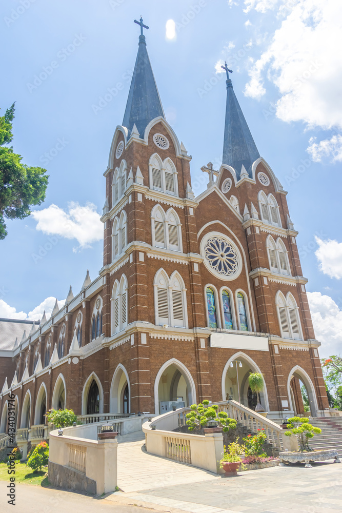 Fototapeta premium Church of the Holy Mother (another name is Thanh Mau church) in Bao Loc Town, Lam Dong, Vietnam.