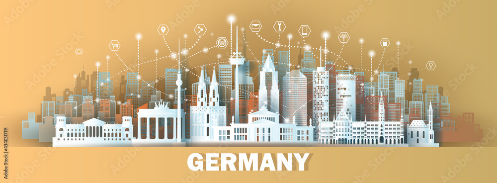 Fototapeta premium Technology wireless network communication smart city with architecture in Germany.
