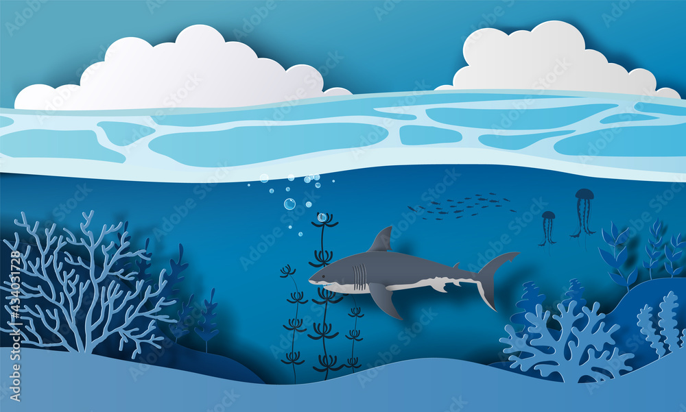 World oceans day concept, a shark swimming near a surface with a beautiful view of the blue sky and coral reefs. 3d paper, paper illustration.