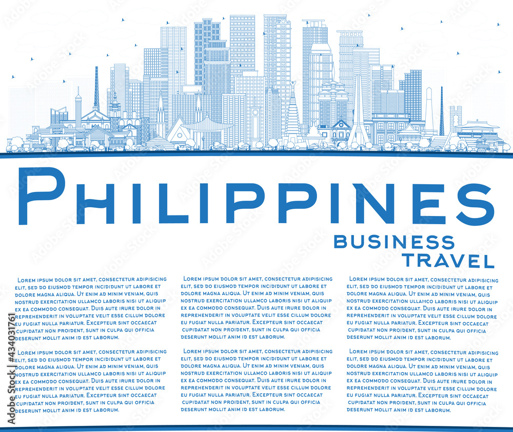 Outline Philippines City Skyline with Blue Buildings and Copy Space.