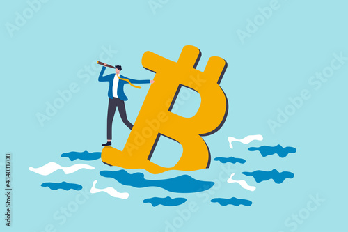 Bitcoin price down, future of crypto currency price or vision to see cryptocurrency market concept, businessman investor standing on drowning bitcoin symbol using telescope to see future.