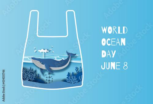 World oceans day concept, the blue whale in a plastic bag. Help to protect animals and the environment, paper illustration, and 3d paper.