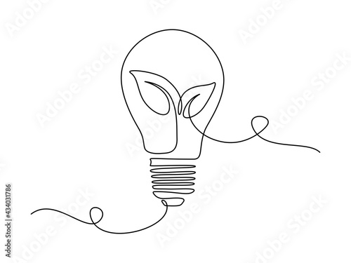 Plant inside Lightbulb in one line drawing. Creative concept of Green energy and environmental friendly sources. Editable stroke. Vector illustration