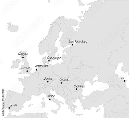 Map of Europe with European tournament host cities.