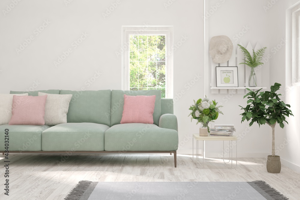 Fototapeta premium White living room with sofa and summer landscape in window. Scandinavian interior design. 3D illustration