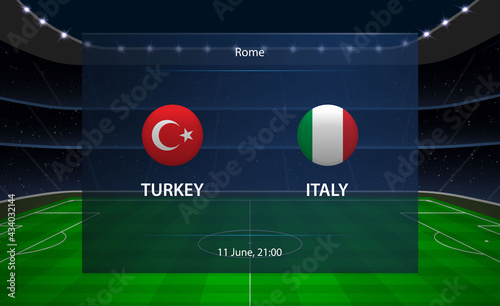 Turkey vs Italy football scoreboard. Broadcast graphic soccer